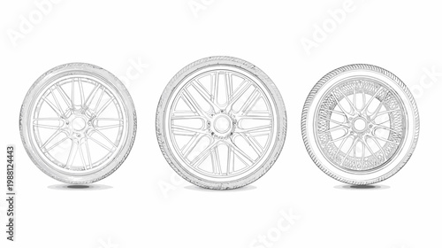 Three stylized, grayscale illustrations of automobile wheels against a white background with soft shadows