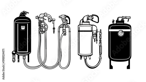 Silhouetted illustration of various industrial tanks, vessels, and equipment with pipes and valves