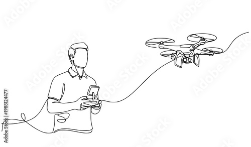 Drone pilot continuous line art vector man flying quadcopter minimalist modern technology outline sketch