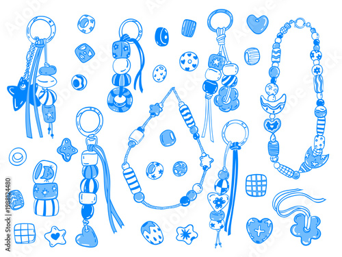 Crafting beads, keychains, and pendants from ceramic beads is a hobby illustrations collection. Hand-drawn vector linework sketch doodles. Flat navy outline isolated icons in Mediterranean blue style.