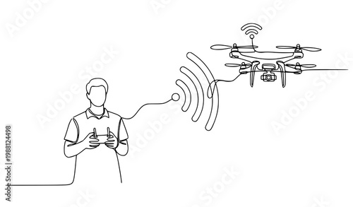 Drone control signal continuous one line drawing vector man operator wireless technology outline design