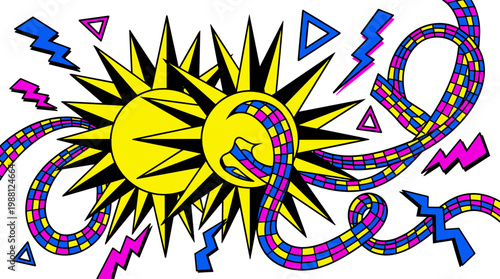 Retro Sun with Geometric Rays and Checkered Ribbons Pop Surrealism Flat Illustration with Bold Outlines
