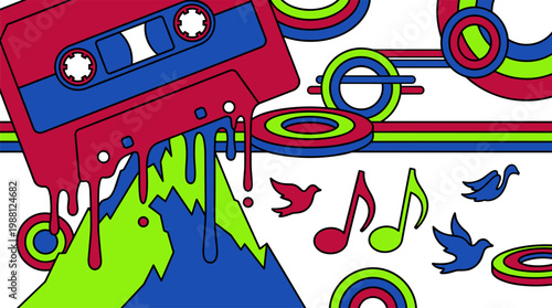 Melting Cassette Tape Over Mountain Peak Pop Surrealism Flat Illustration with Bold Outlines