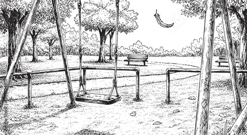 Black and white illustration of empty swing set in park