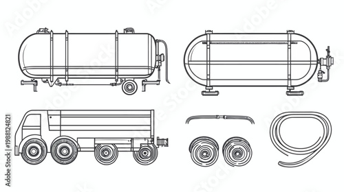 A detailed outline of transportation vehicles, including tanker trailers, a tanker truck, and associated components