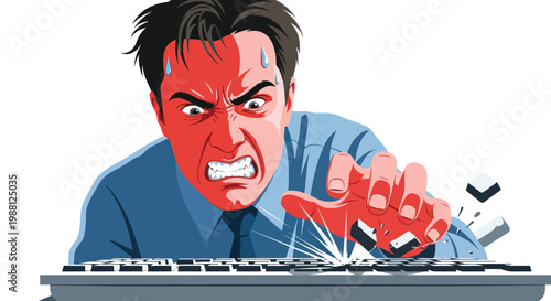 Angry man smashing keyboard in frustration at computer desk