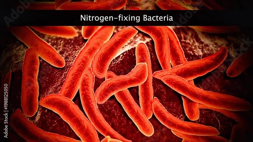 3D animation showing nitrogen fixing bacteria converting atmospheric nitrogen into ammonia in soil.