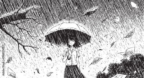 Girl under umbrella in heavy rain with leaves