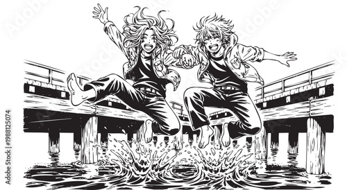 Teenagers jumping into water from pier