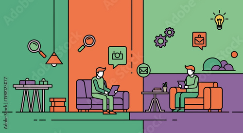Two businessmen working remotely in colorful office space