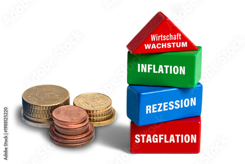 Obraz na plátně Inflation, Rezession, Stagflation, Holzblöcke mit Euro-Münzen