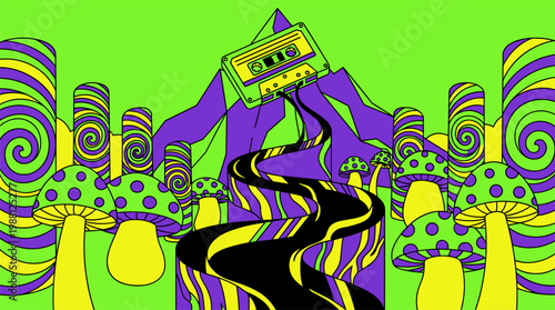Retro Cassette Tape River with Striped Mushrooms Pop Surrealism Flat Illustration with Bold Outlines and Psychedelic Style