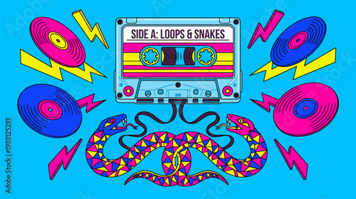 Vintage Cassette Tape Snake Loops Pop Surrealism Flat Illustration With Bold Outlines And Retro 70s Psychedelic Shapes