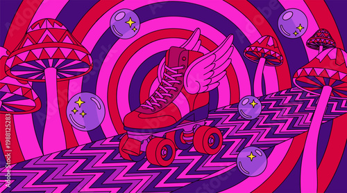 Retro Roller Skate with Wings and Rainbow Patterns on Zig Zag Path Pop Surrealism Flat Illustration with Bold Outlines