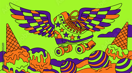 Winged Roller Skate Over Melting Ice Cream Pop Surrealism Flat Illustration With Bold Outlines And 80s Retro Shapes