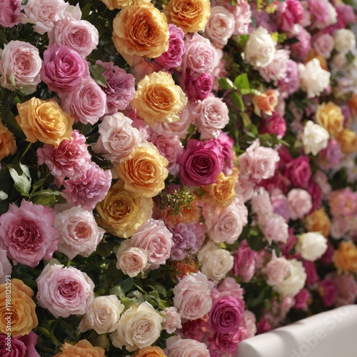 Colorful Rose Wall with Pink Yellow and Purple Blooms in Garden Setting