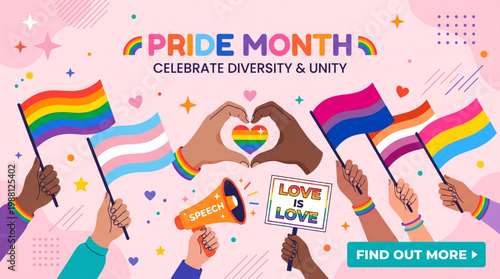 Pride Month celebration with rainbow flags diverse hands unity love message and colorful illustration background for social media campaign design