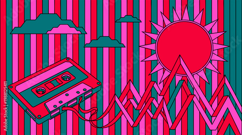 Cassette Tape Unspooling into Zig Zag Mountain Range Pop Surrealism Flat Illustration with Bold Outlines