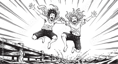 Two girls jumping into water off dock