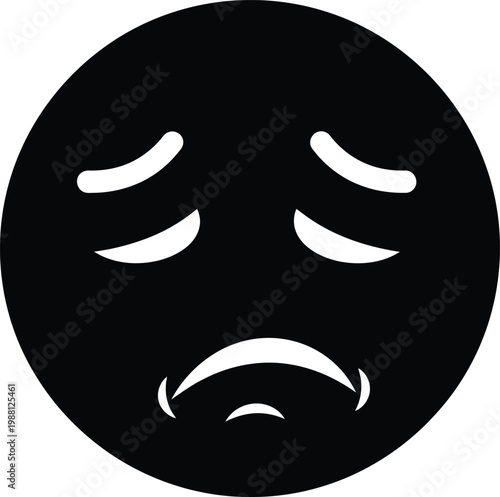A minimalist black and white circular icon depicting a sad face with closed eyes and a downturned mouth