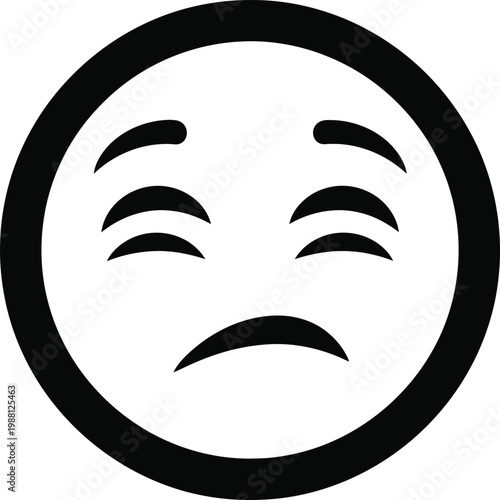 A simple black and white circular icon depicting a sad face with downturned features conveying disappointment or sorrow