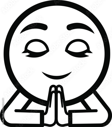 A simple black and white line drawing of a face with hands pressed together in a prayer or pleading gesture