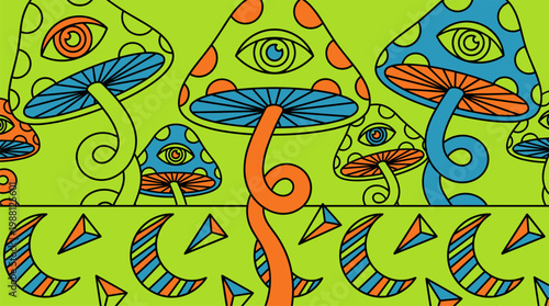 Surreal Cosmic Mushroom Landscape With Floating Eyes And Geometric Shapes, Pop Surrealism Flat Illustration With Bold Outlines