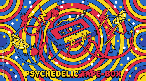 Retro Cassette Tape Music Box with Floating Fruit Pop Surrealism Flat Illustration with Bold Outlines