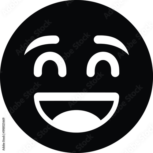 A minimalist black and white circular icon depicting a smiling face with joyful expression conveying happiness and positivity