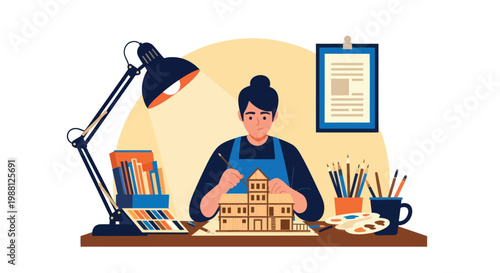 Architect designing house model at desk with tools and documents