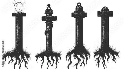 Four stylized pillars with textured surfaces, rooted, and topped with various distinct shapes