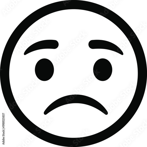 Simple black and white illustration of a sad face emoji with a circular outline and downturned mouth