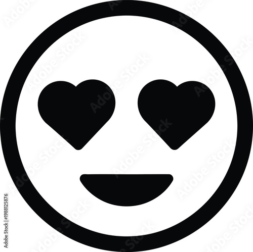 Black and white emoji depicting a smiling face with heart shaped eyes conveying love and affection