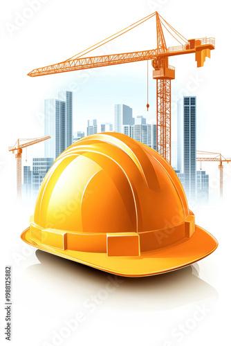 Construction helmet sits in front of a construction site with cranes and modern buildings. Tools surround the helmet on a clean, white background