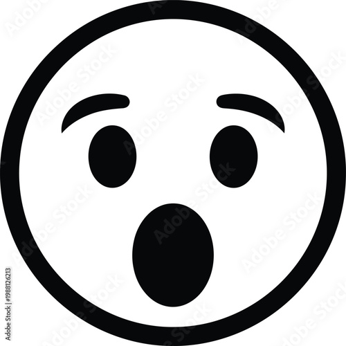 A simple black and white illustration of a surprised or shocked face emoji with an open mouth