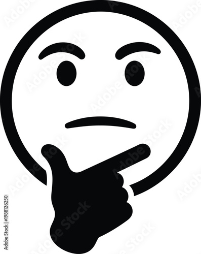 A black and white illustration of a thinking face emoji with a hand near the chin conveying contemplation