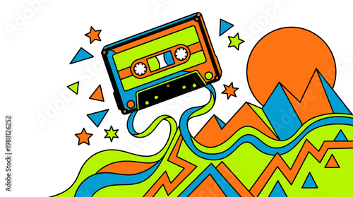 Classic Cassette Tape with Unraveling Magnetic Waves and Geometric Mountains Pop Surrealism Flat Illustration with Bold Outlines