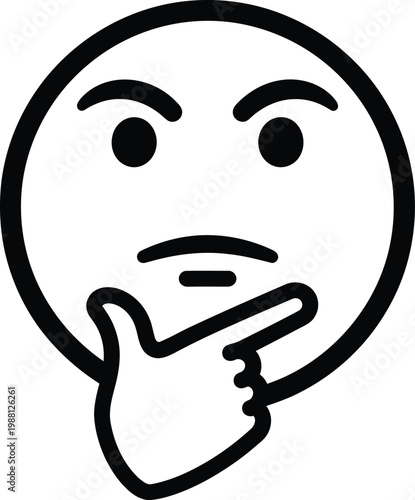 A black and white line drawing of a thinking face emoji conveying contemplation and decision making