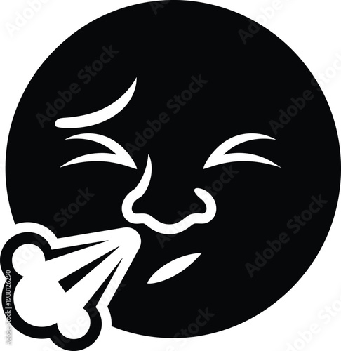 A minimalist black and white illustration of a crying face with tear streams and a puff of air