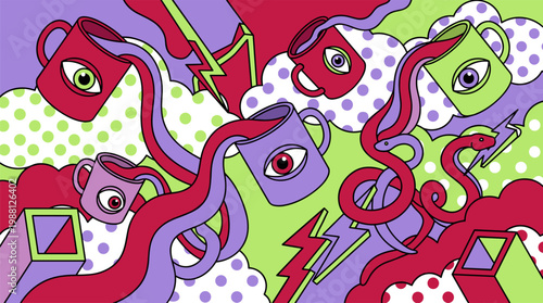 Floating Coffee Mugs with Eyes and Wavy Liquid Snakes Pop Surrealism Flat Illustration with Bold Outlines