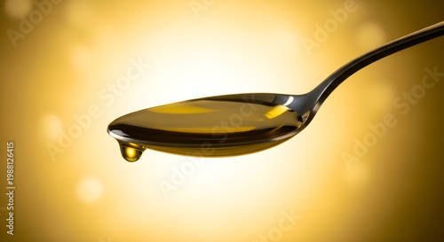A spoonful of golden oil with a drop falling against a warm background