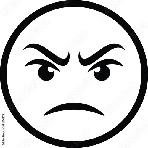 Simple black and white illustration of an angry face emoji conveying frustration and negative emotion in a minimalist style