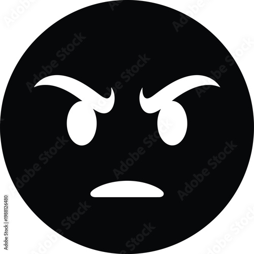 A stark black and white circular icon depicting an angry or displeased facial expression conveying negative emotion