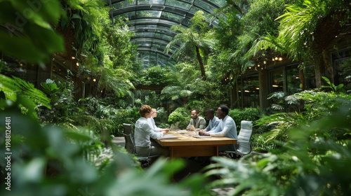 Business meeting in a lush green office atrium with colleagues collaborating around a wooden table in an ecology focused workspace