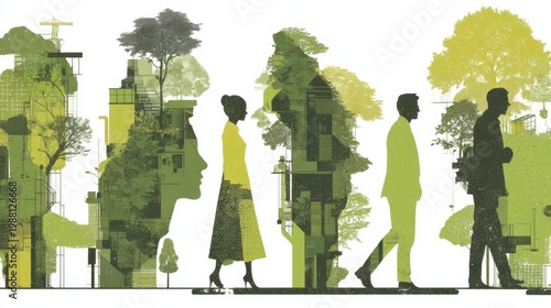 Wallpaper Mural Ecology and business people in green urban silhouettes illustrating sustainability, community, nature integrated with architecture and modern environmental design Torontodigital.ca