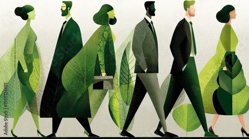 Wallpaper Mural Business people walking together in green ecology illustration showing corporate sustainability, teamwork, urban nature and environmental responsibility Torontodigital.ca