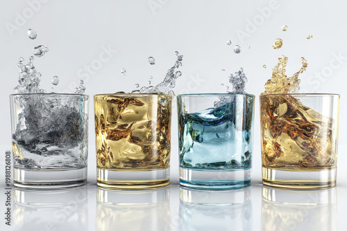 Four glasses filled with various drinks show splashes of liquid. Each glass has a different color. The background is light and the focus is on the glasses