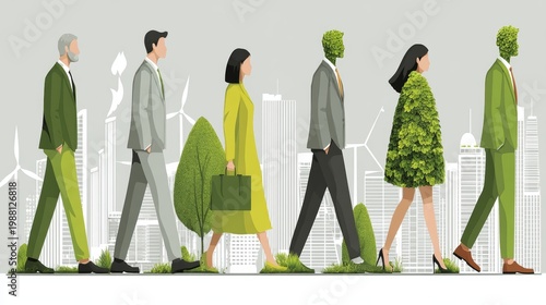 Wallpaper Mural Business people walking through a green cityscape representing ecology, sustainability, corporate responsibility and urban environmental innovation Torontodigital.ca