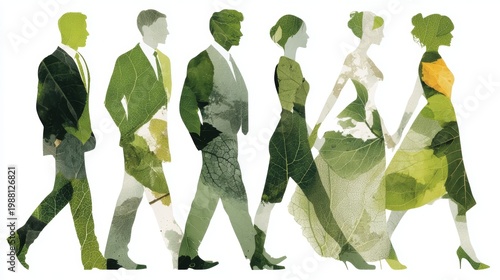 Wallpaper Mural Business people walking together in green ecology silhouettes representing sustainability, teamwork, community and corporate commitment to nature and environmental responsibility Torontodigital.ca