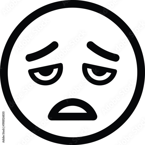 Simple black and white line drawing of a sad face emoji expressing disappointment and sorrow conveying negative emotions